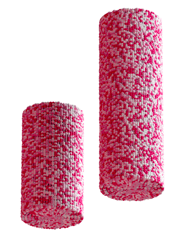 Small red and white spheres form two cylinders